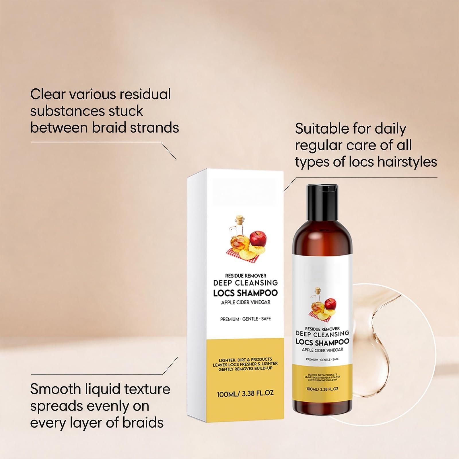Champú para rastas con vinagre de manzana: Ligero y refrescante, limpia suave y profundamente la grasa y la suciedad de las trenzas, dejando el cuero cabelludo con una sensación de frescura.