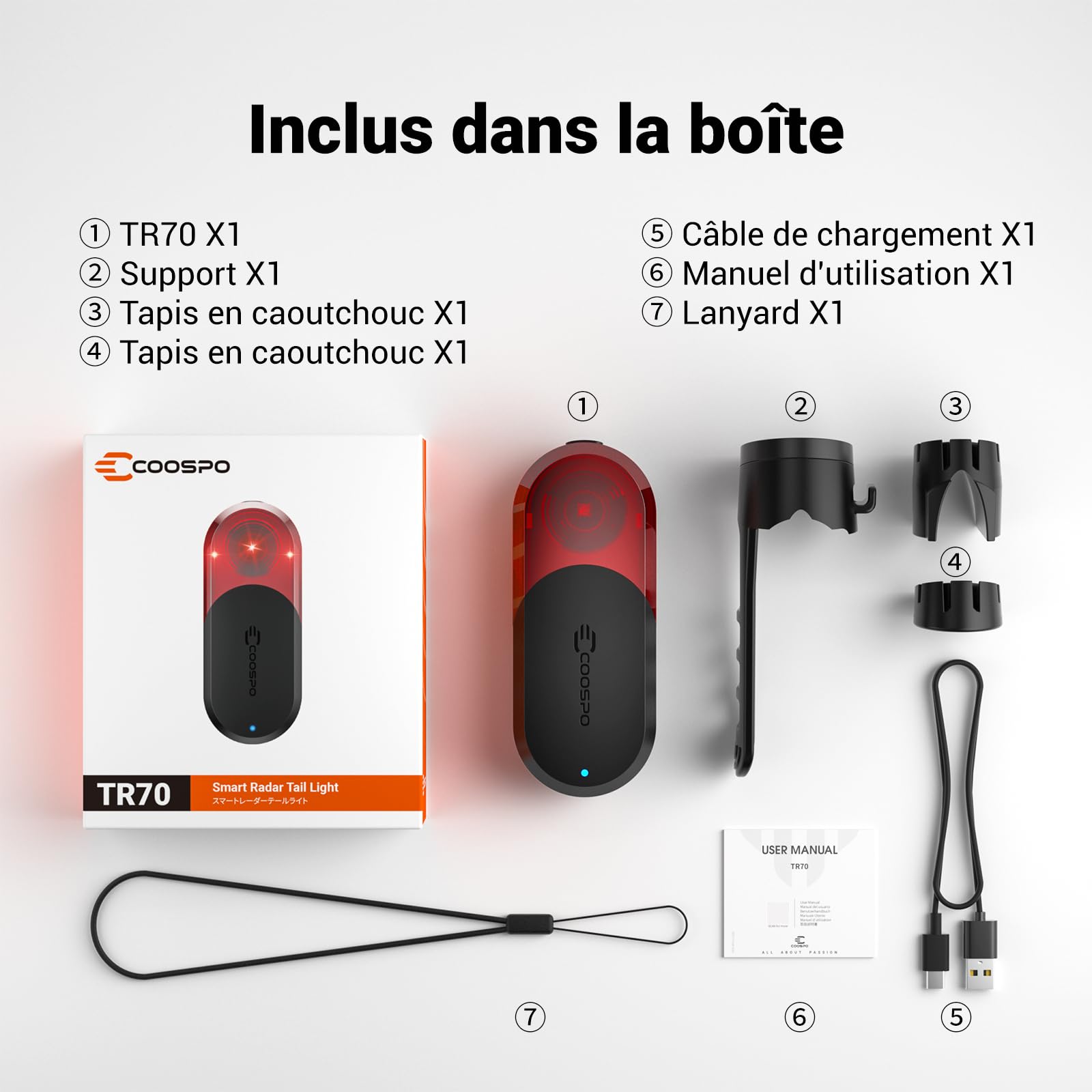 COO SPO TR70 Inteligentne Światło Tylne do Roweru z Radarem, Wykrywanie 140m, Bluetooth & Ant+ Podwójne Łącze, 7 Trybów Pracy, 40h Autonomi, IP67 Wodoodporne na Rowery Górskie i Miejskie