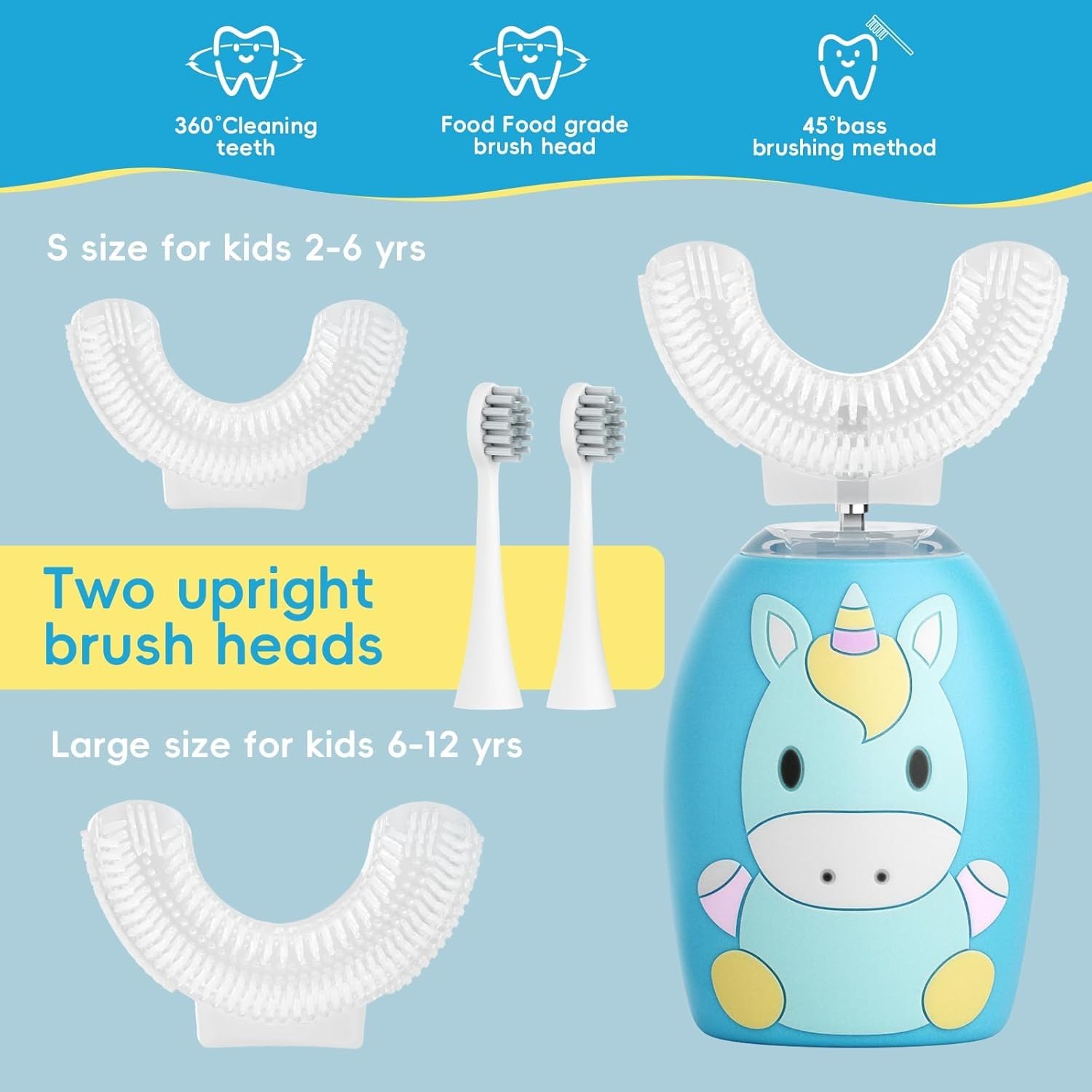 Spazzolino elettrico per bambini con testina a forma di U, pulizia automatica dei denti a 360 gradi con 4 testine morbide, timer, 2 modalità, impermeabilità IPX7, blu