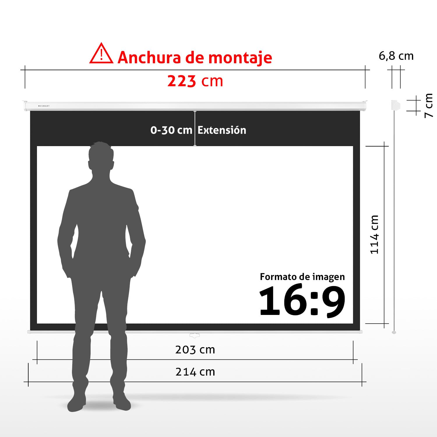 ESMART Professional MIROLO Pantalla Manual, Ancho Tot. 223 cm, Tela: Blanca | Área de proyección 203 × 114 cm, formato 16:9, tela blanca para cine en casa y presentaciones, extracción manual