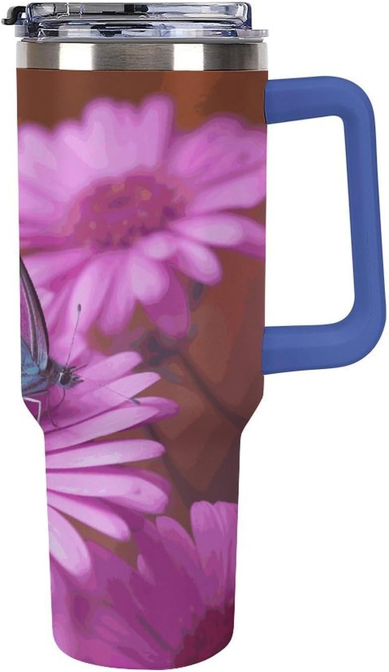 40 Oz Insulated Mug with Handle, Stainless Steel Pink Flower Purple Butterfly Printed Travel Mug Portable Leak-proof Large Car Mug for Home, Office Or Car