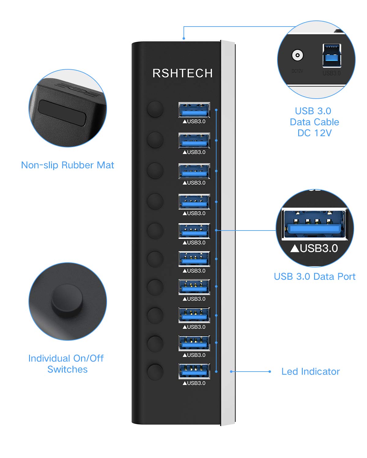 RSHTECH Aktywny koncentrator USB 3.0 z zasilaczem 36 W (12 V/3 A), aluminiowy 10 portów USB 3.0 Hub do ładowania i przesyłania danych, USB 3.0 rozdzielacz wielu portów z włącznikiem/wyłącznikiem i