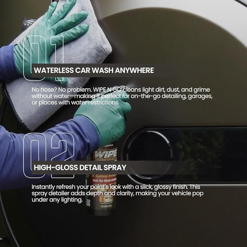 Olvera's WIPE N GO Waterless Car Wash, Detail Spray – Safe for Matte, Satin, Gloss & Ceramic Finishes | Hydrophobic Surface Enhancer for Cars, RVs, Motorcycles & Boats | No-Streak Protection