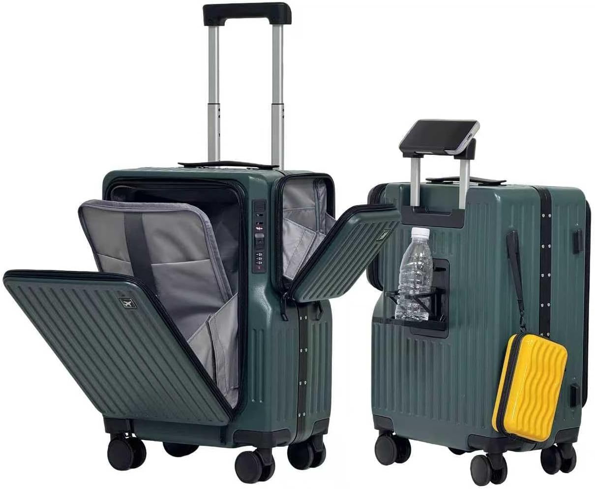 Carry On Luggage Airline Approved, 20 Inch Aluminum Frame PC Hardside Suitcase with Front Compartment & Cup Holder, TSA Lock, 360° Silent Spinner Wheels, Multi-Compartment Travel Luggage(Dark Green)