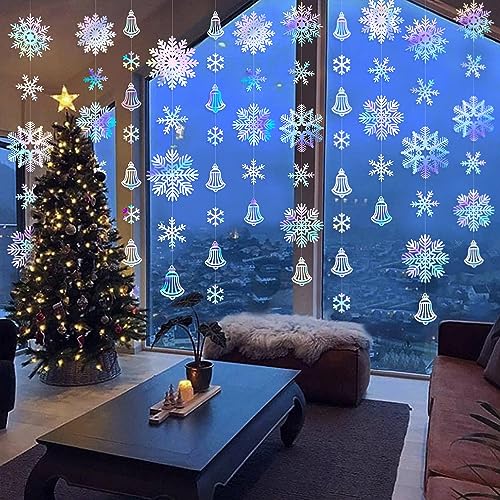 Image of 40 Ft Snowflakes Party Decorations Iridescent Snowflakes Bell Garland Holographic Big Snowflakes Hanging Streamer Backdrop for Winter Wonderland Christmas Holiday Birthday Home Window Wall Room Decor
