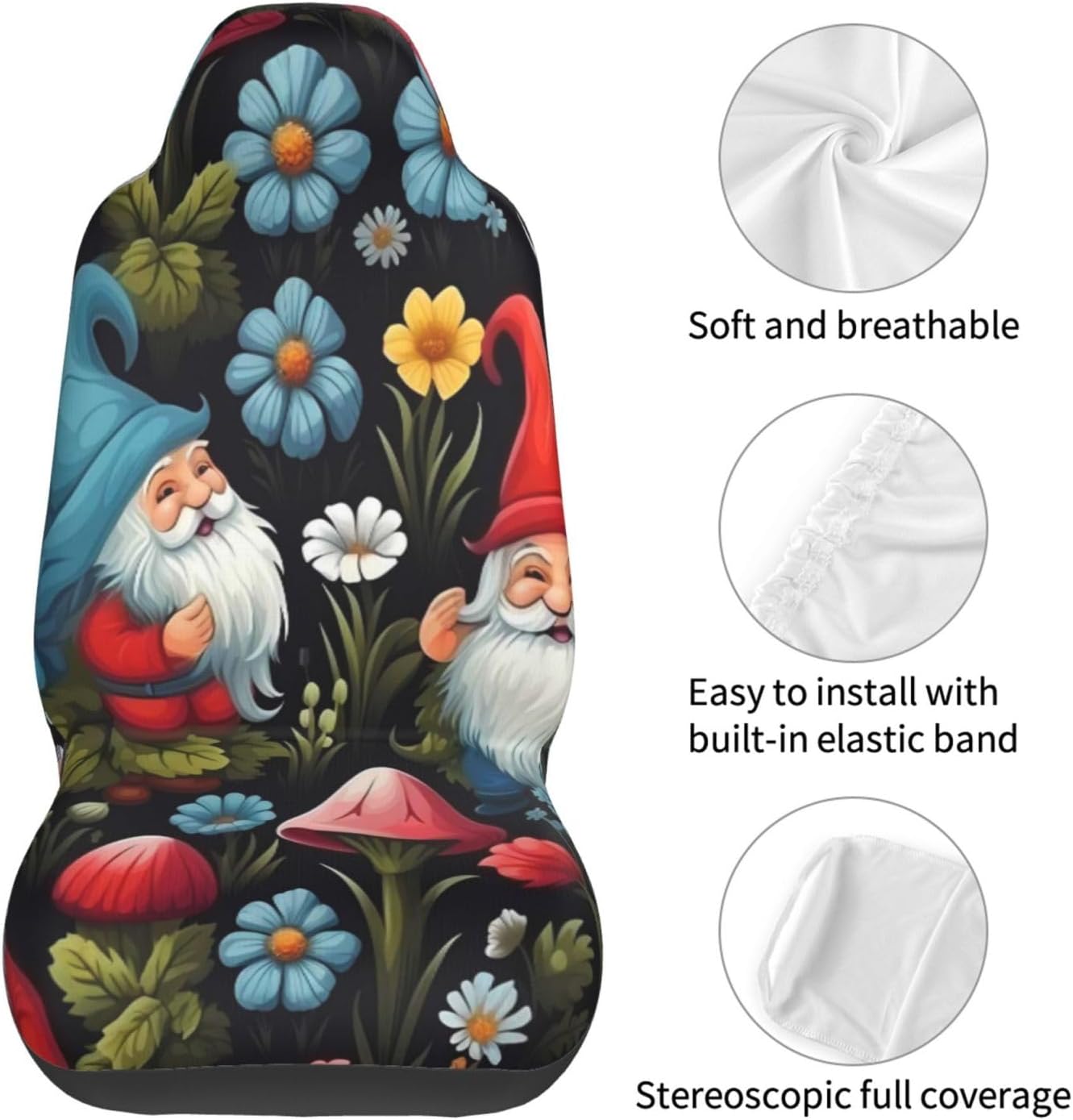 Cute Gnomes Mushroom Flower Car Seat Covers Set of 2 Automotive Seat Cover for Front Seat Protector Universal Fit Most SUV Vans Truck Car Interior Accessories