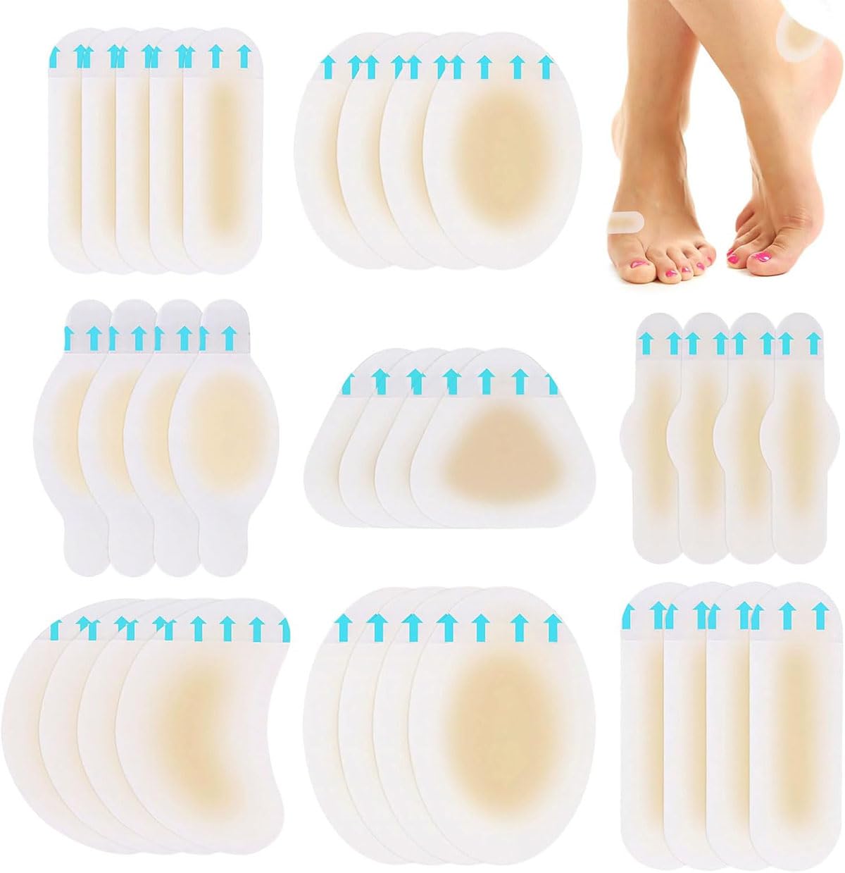 HBHGBIC 32枚入り 水ぶくれ防止・保護用 ソフトジェルパッド - 透明・防水・強粘着の8種類プロテクター。かかと、つま先、足底、指にフィット。ヒドロコロイド素材で、男女兼用