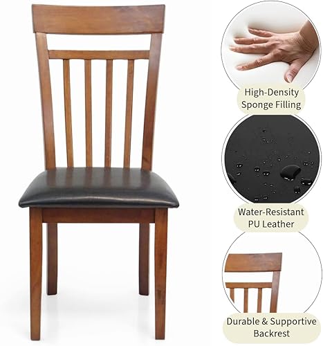 Miniatura 4 de Wickerix Juego de 3 piezas de mesa cuadrada y 2 sillas clásicas de madera maciza cálida, color marrón medio Tela de cuero marrón