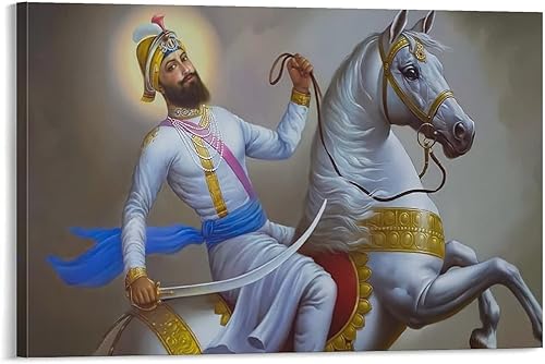 Impresiones de arte religiosas para pared de Sikh Guru Gobind Singh Ji Maharaj sobre un caballo blanco lienzo impresiones artísticas para decoración