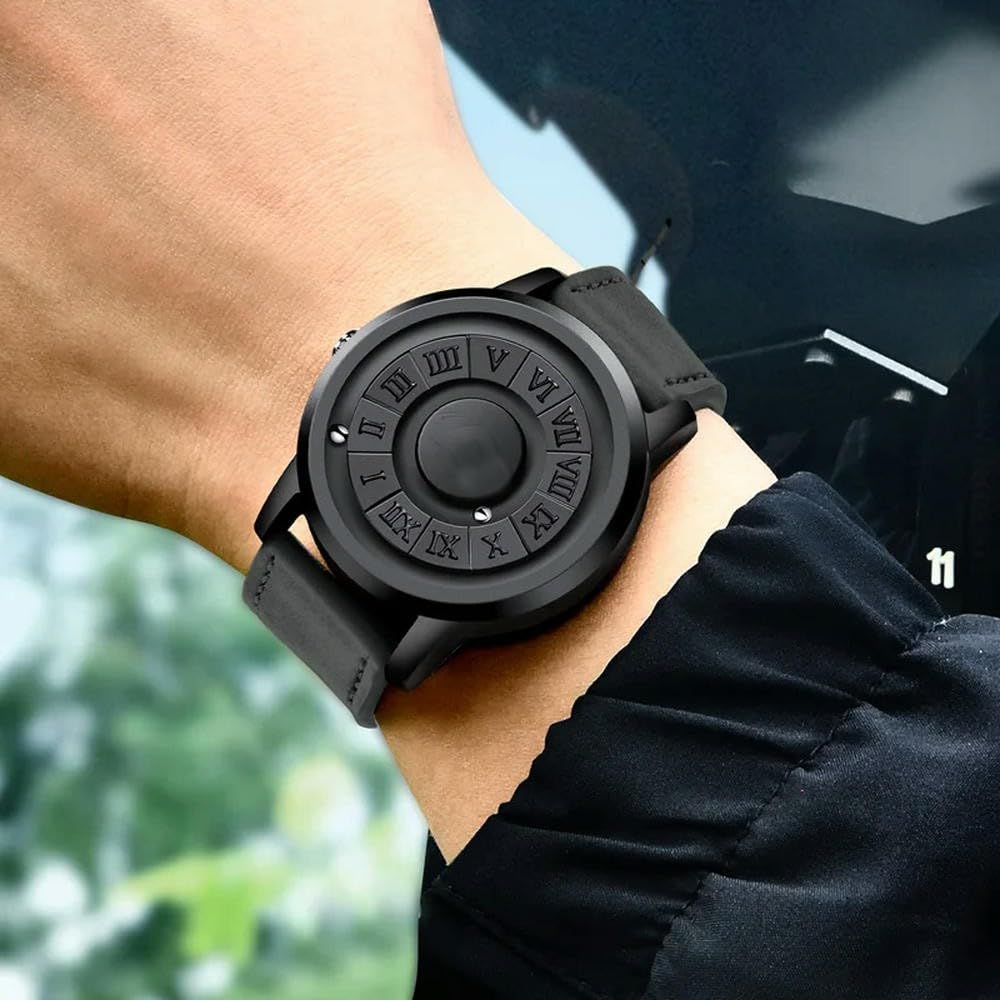 ZBDZSW Orologi da Uomo Orologio da Polso al Quarzo con puntatore a Scorrimento Creativo e Forza Magnetica Orologio da Uomo in Vera Pelle