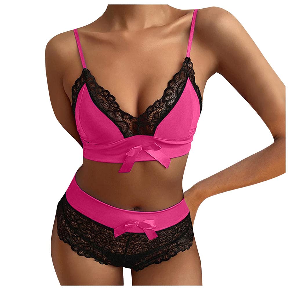 Conjunto de lencería con Sujetador de Encaje con Cuello en V y Lazo Sexy para Mujer