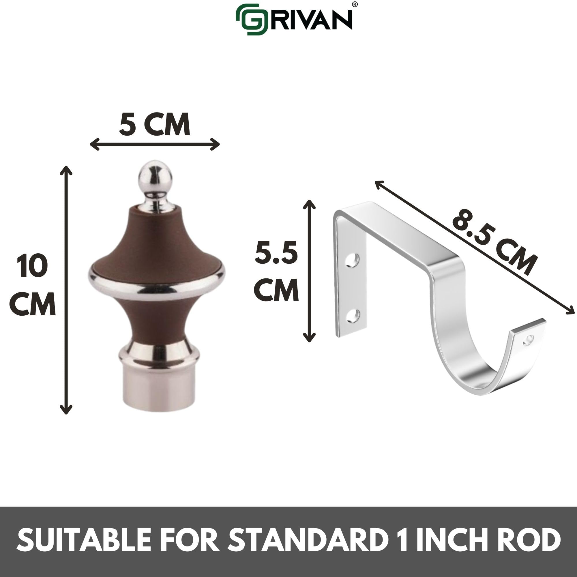 GRIVAN Stainless Steel & ABS Curtain Bracket Parda Holder with Support 1 Inch Rod Pocket Finials Designer Door and Window Rod Support Fittings, Curtain Rod Holder (Pair of 6, Dark Brown) 2