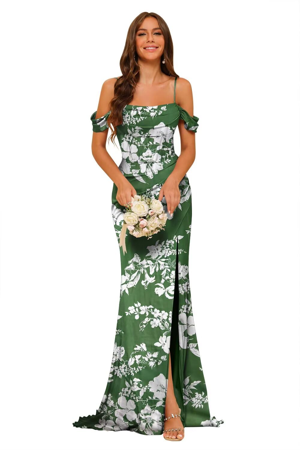 PUXIU Long Satin Bridesmaid Dresses with Silt 2026 Mermaid Formal Dress PUS046