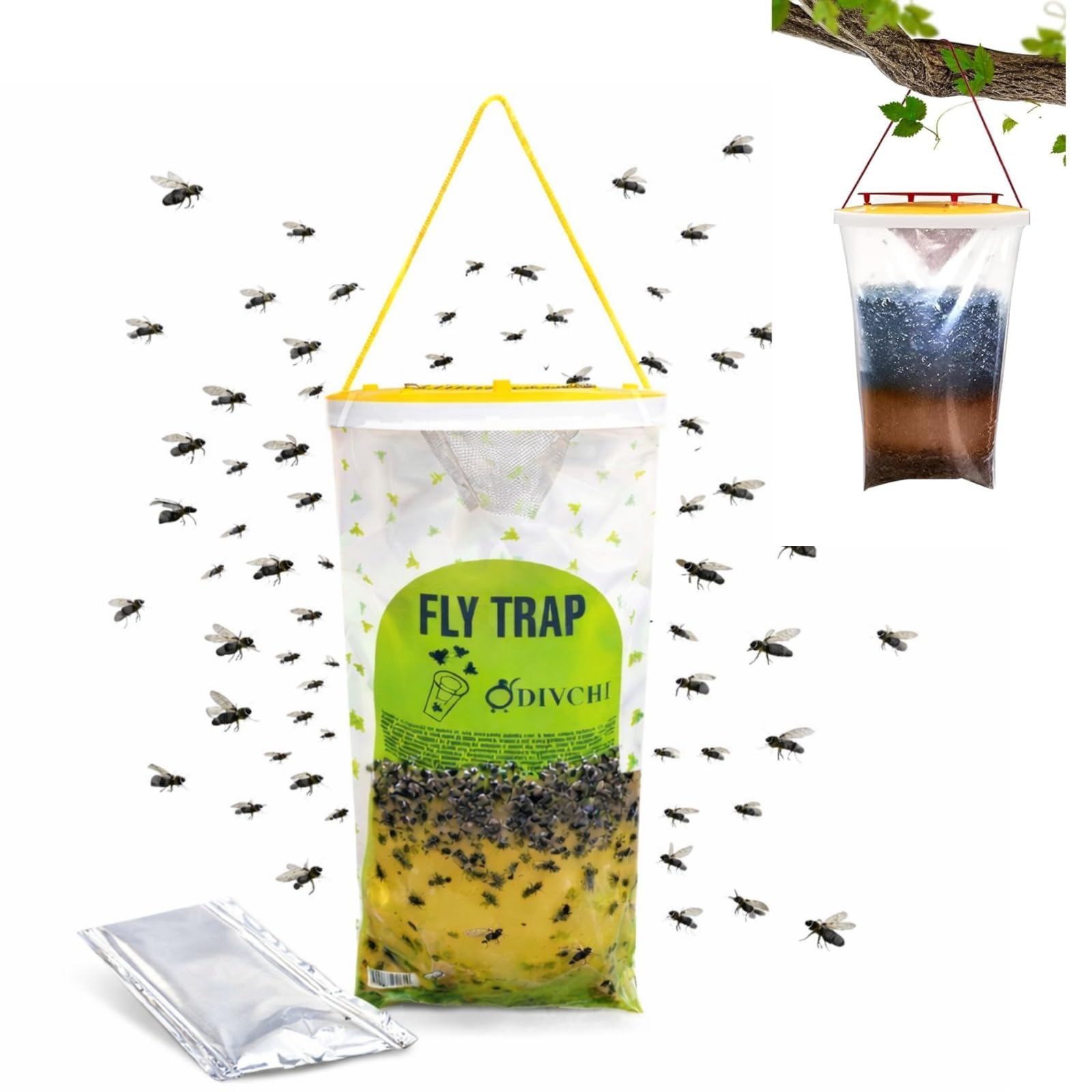 DIVCHI Hanging Fly Killer Bag Outdoor Flies Catcher Trap Disposable Non-Toxic Insect Trap for Garden Patio Farm & Horse Barn - Kills Up to 20,000 Flies