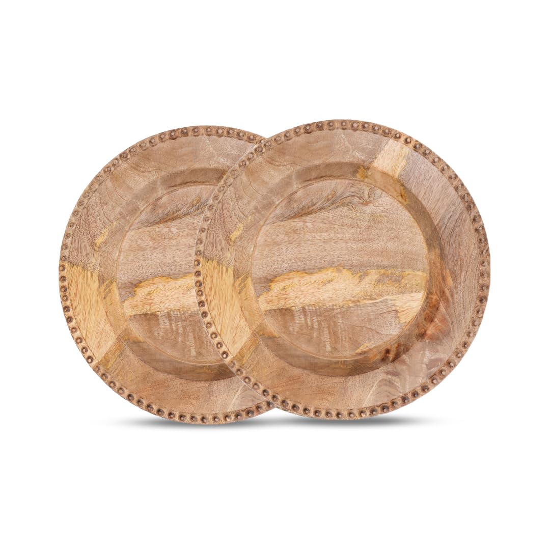Natural Wooden Chargers for Dinner Plates Set of 2 - Decorative 13 Inch Round Wood Beads Placemats for Dining Table Décor, Wedding, Party, Family Gathering, Christmas, New-Year, Events, & Everyday Use