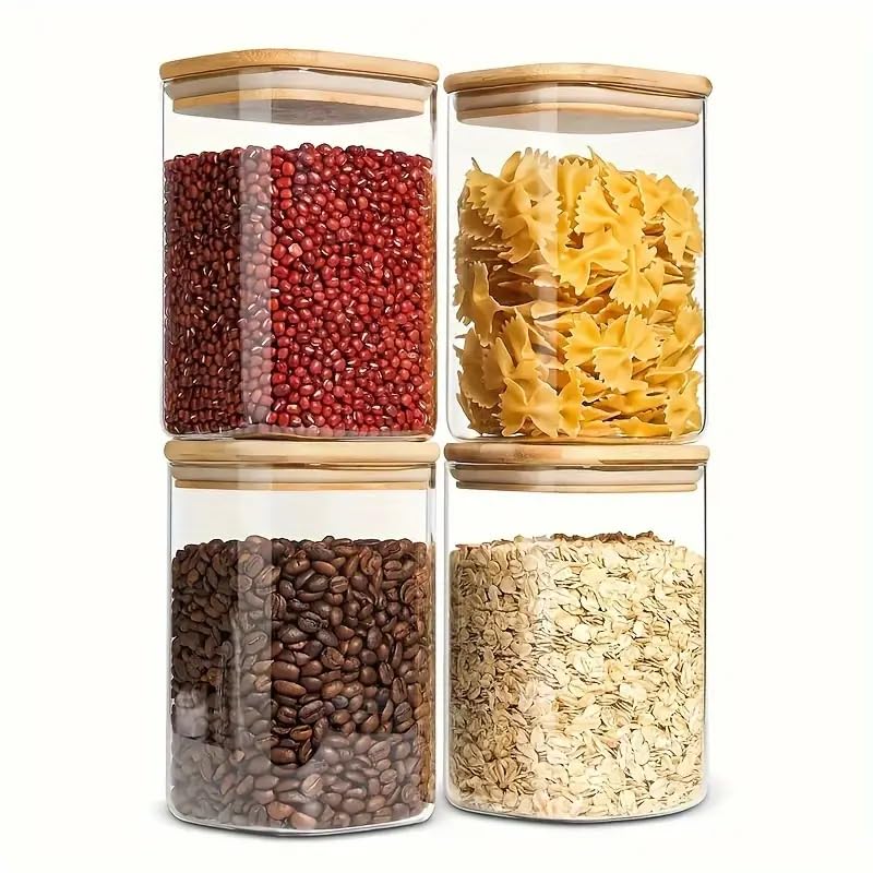 Kit 4 Potes de Vidro Hermetico Quadrado 450ML com Tampa de Bambu ...