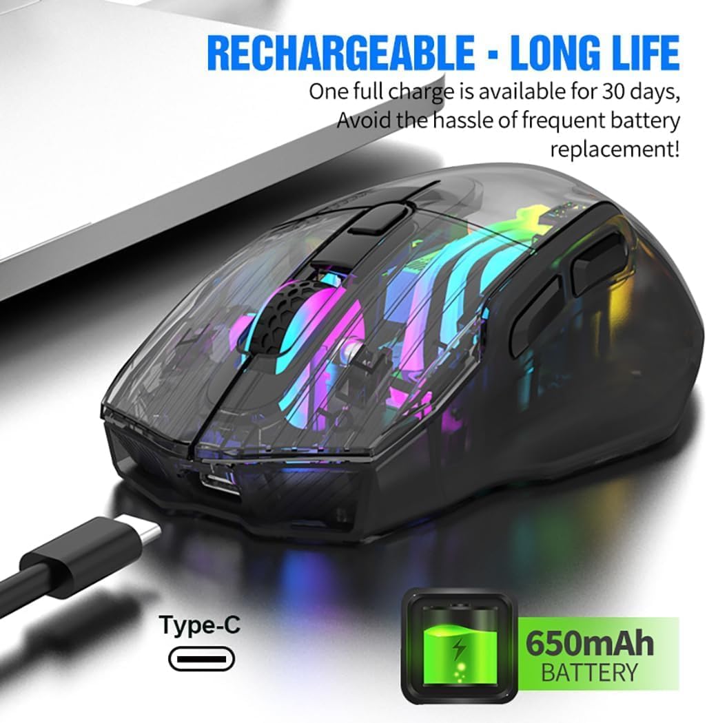 Bluetooth Wireless Mouse,Tri-Mode 2.4G/USB-C, Up to 3600 DPI,Transparent Mechanical Gaming Mouse,Chroma RGB Backlit, Must-Have Cool USB Computer Mouse for Gaming and Esports (Black)