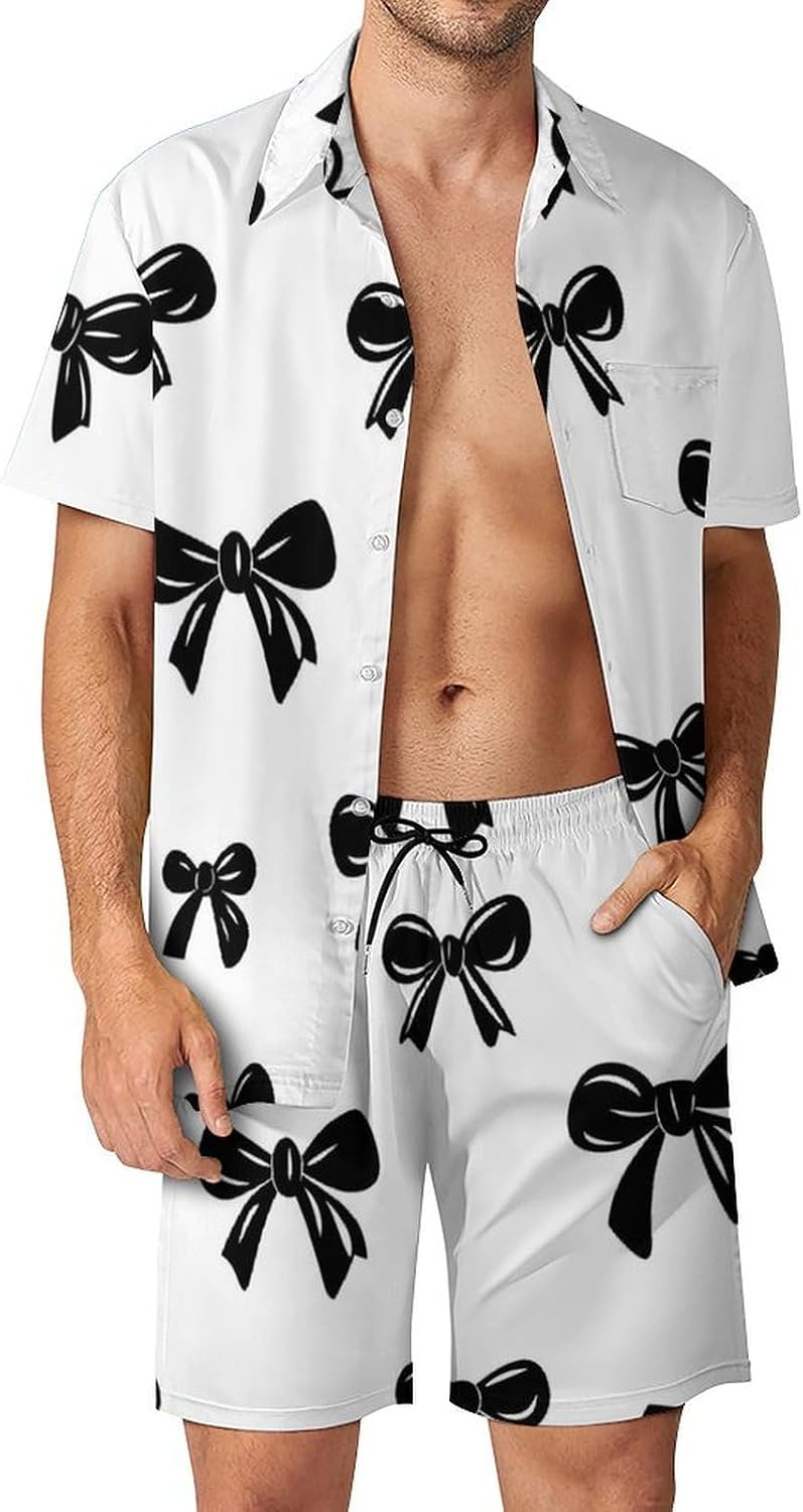 Black And White Bow Pattern Men's Summer Beach 2 Piece Outfits | hawaiian button down shirt and shorts,vacation cruise,mens bathing suit