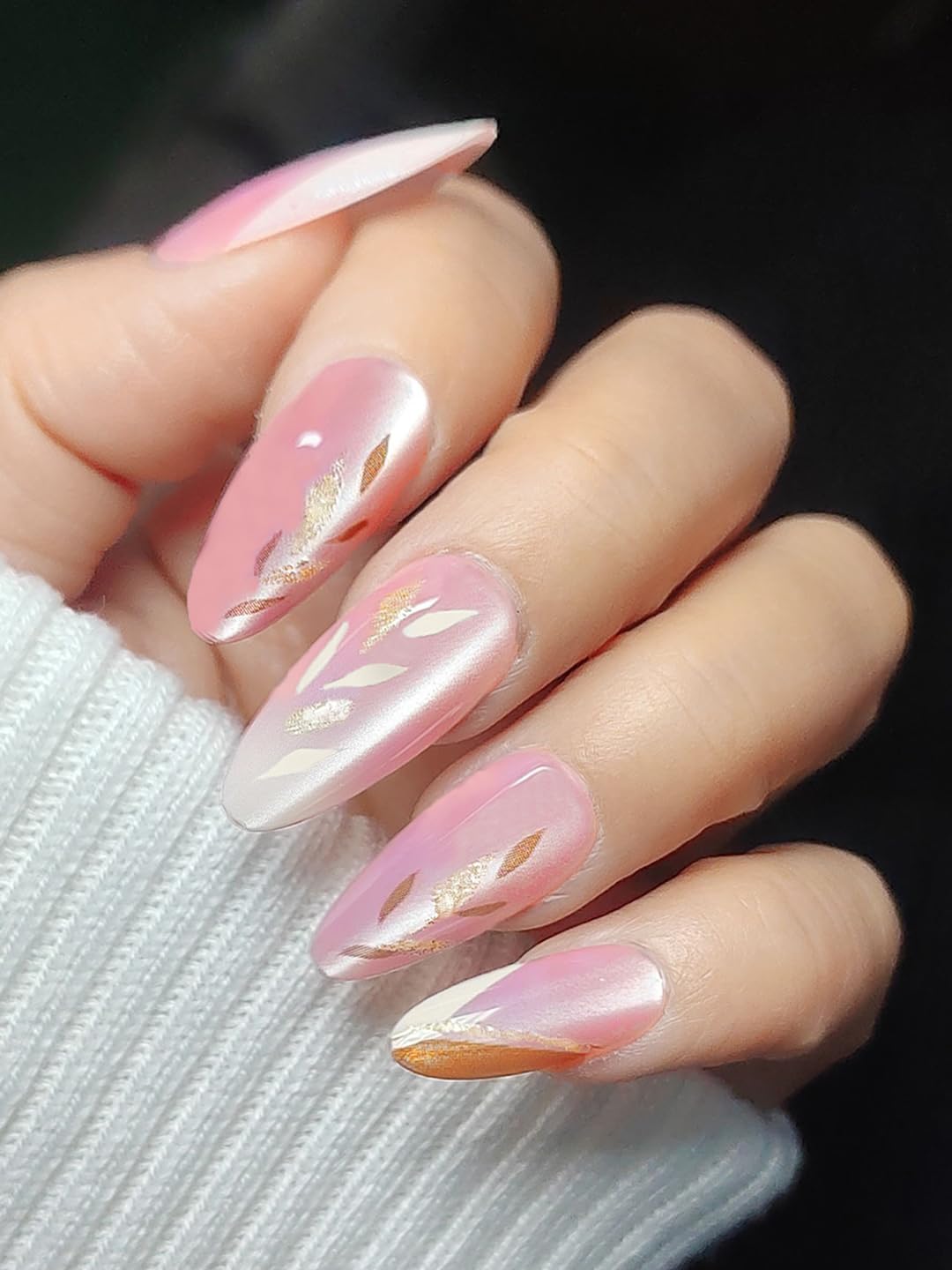 Secret Lives Pink Leaf & Glitter Work Cat Eye Press-On Nails – 24PC Reusable Nail Set for Women & Girls | Long-Lasting, Easy to Apply, Artificial Nail Extensions