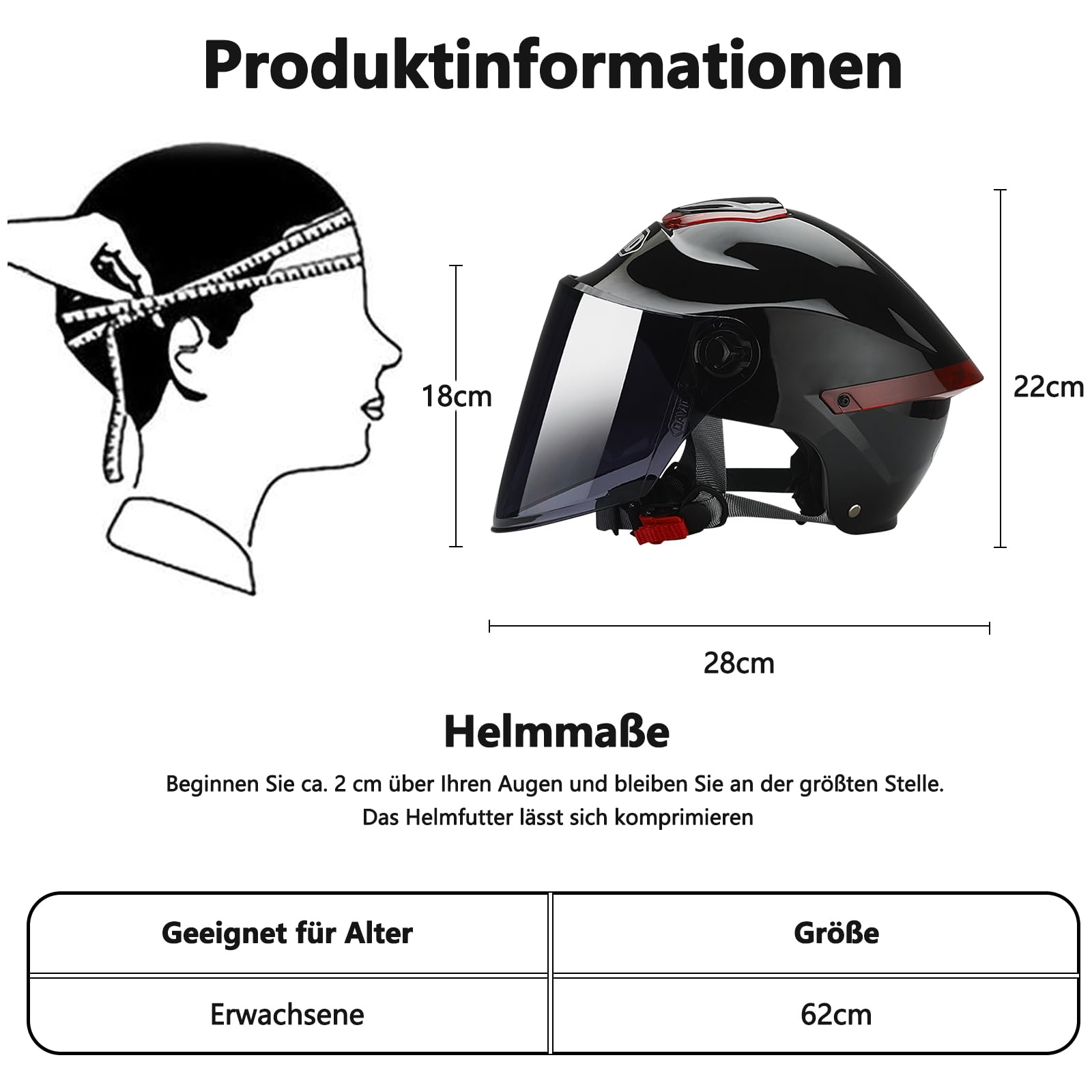 Klassischer Offener Helm, Halbhelm Mit Visier, Verstellbarer Kopfumfang, 709abs-Schale Kombiniert Mit EPS-Dämpfung