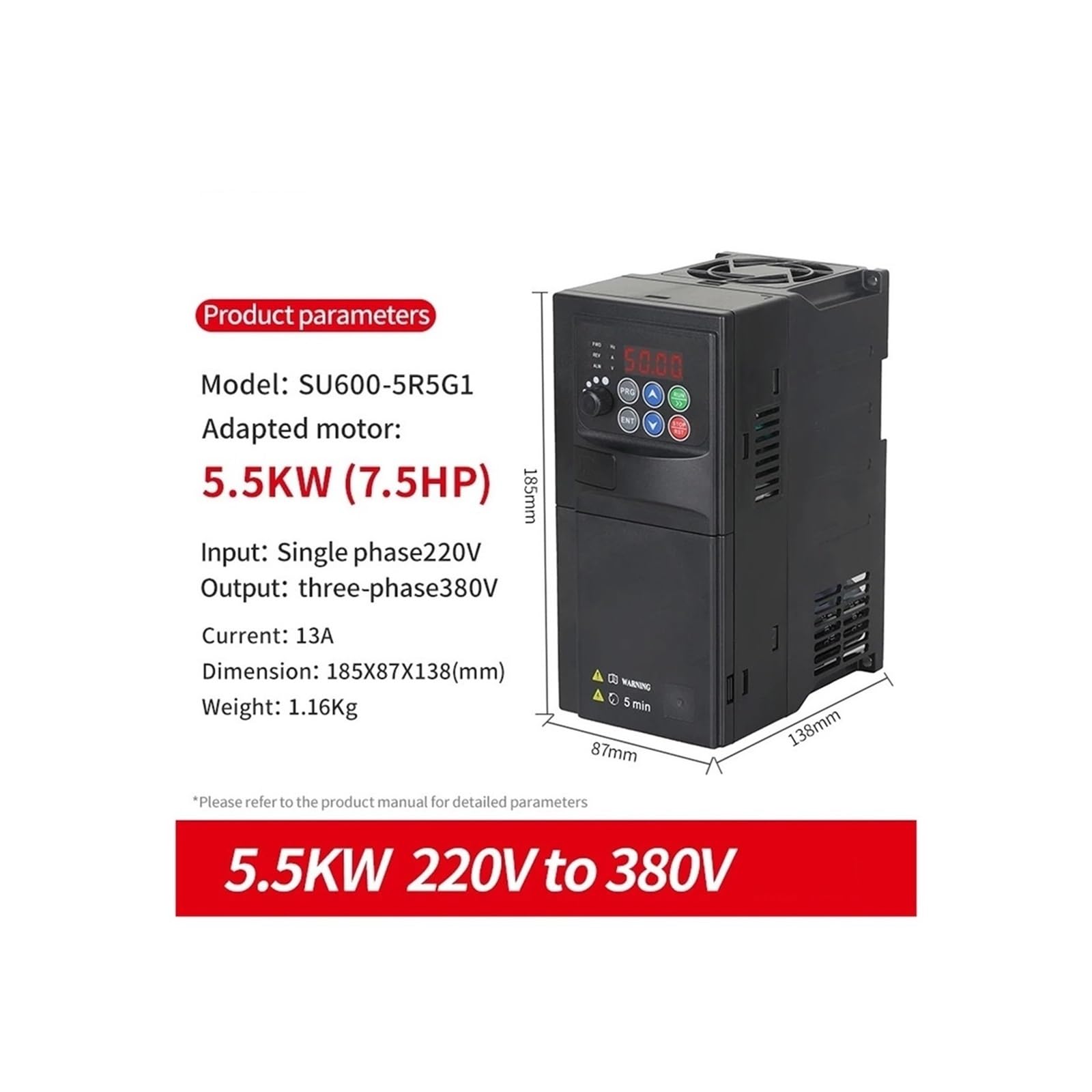 Inverter, 0,75 kW-5,5 kW, Ingresso monofase 220 V, Uscita trifase 380 V, regolatore di velocità del Motore Inverter(5.5KW 220 to 380V B)