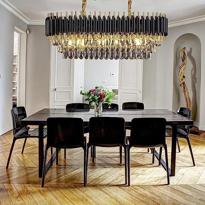 Image of Modern Crystal Chandelier 600X300mm Black and Gold Round Pendant Ceiling Light Fixture Flush Mount for Dining Room Living Room Bedroom Foyer Hallway Entryway