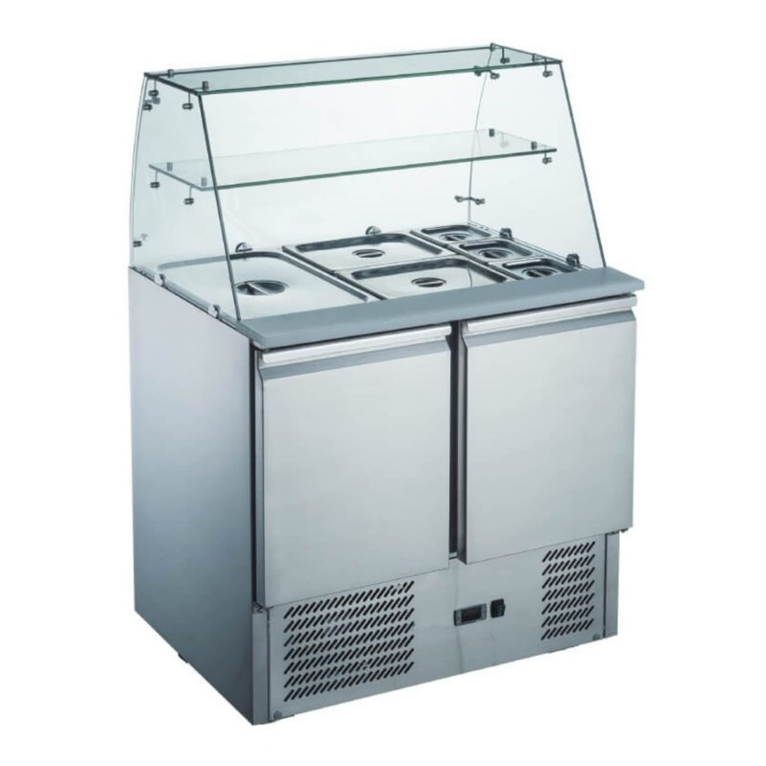 Ristoattrezzature Banco Frigo Saladette espositivo con Vetro dritto e Mensola intermedia - Acciaio Inox - 2 porte - 90x70x85h cm