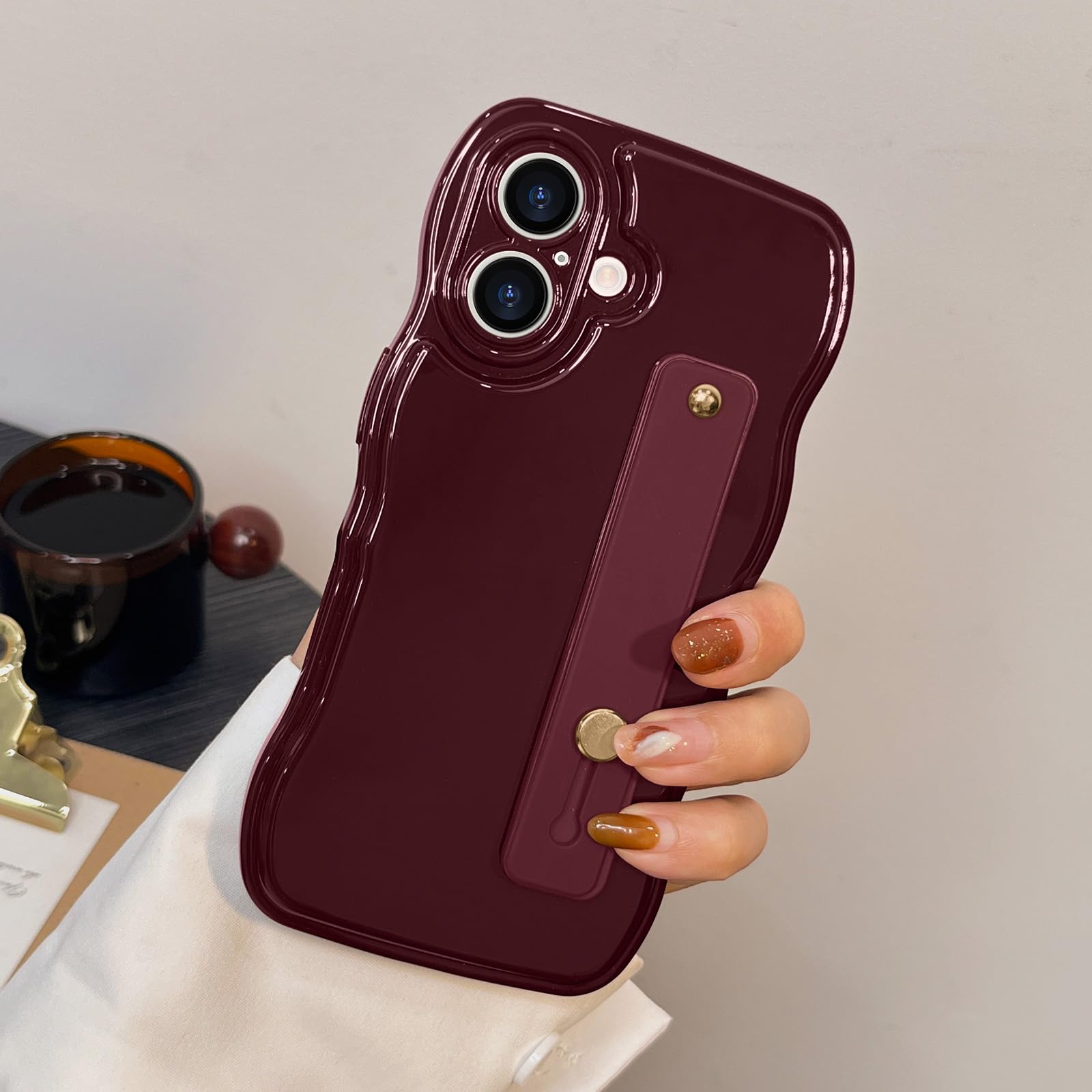 LAPOPNUT for iPhone 16 Case for Women Girls,Simple Curly Wave Frame Design Soft Silicone Phone Case with Adjustable Wrist Strap Kickstand for iPhone