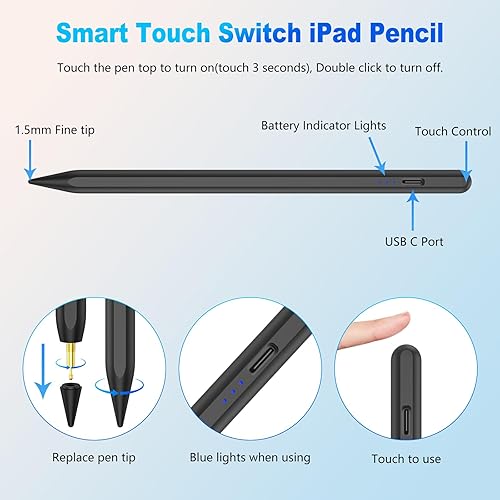 Miniatura 9 de Lápiz óptico para iPad 2018-2025, carga rápida de 15 minutos para Apple Pencil con rechazo de palma, compatible con iPad 11109876, Pro M412.9