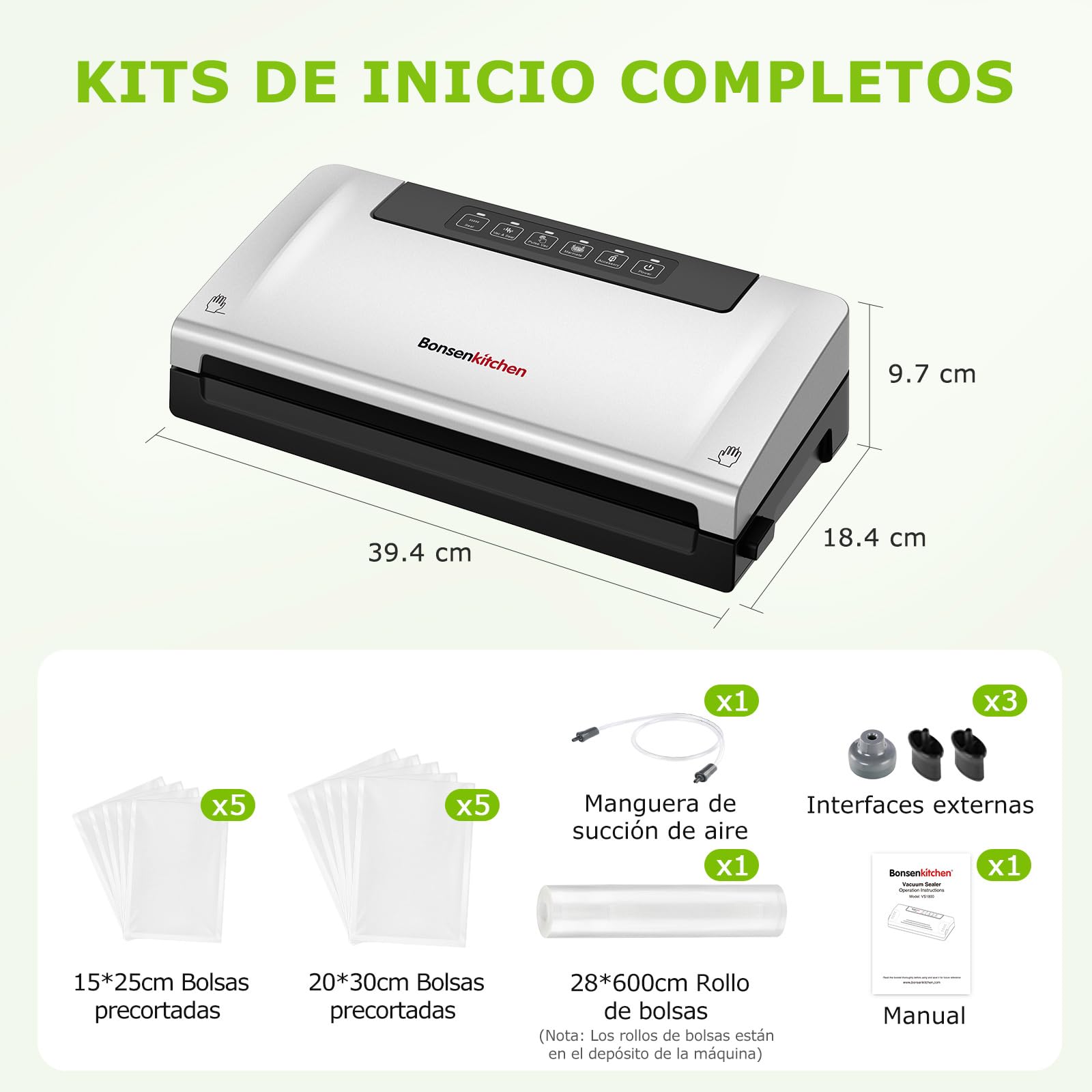 Bonsenkitchen Envasadora al Vacío, Maquina al Vacio con 5 Modos, Cortador y Almacenamiento de Bolsas en Rollo, Vacío Rápido, Incluye 10 Bolsas de Vacío y 1 Bolsa de Rollo-VS3000