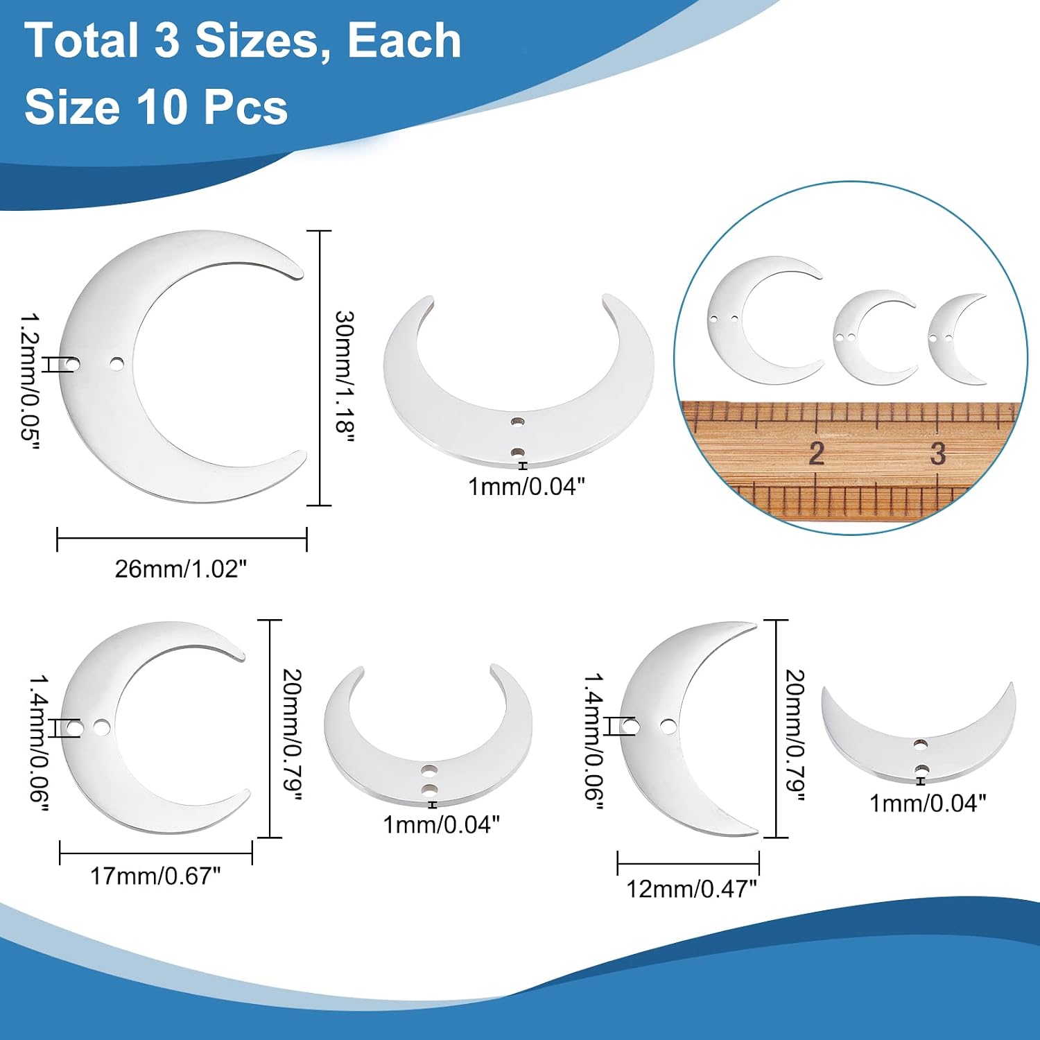 CHGCRAFT 30Pcs 3 Sizes Stainless Steel Crescent Moon Connector Charms Crescent Link Charms Stainless Steel Links Charm Moon Beads for Jewellery Making Stainless Steel Color Length 12-26mm - Image 3