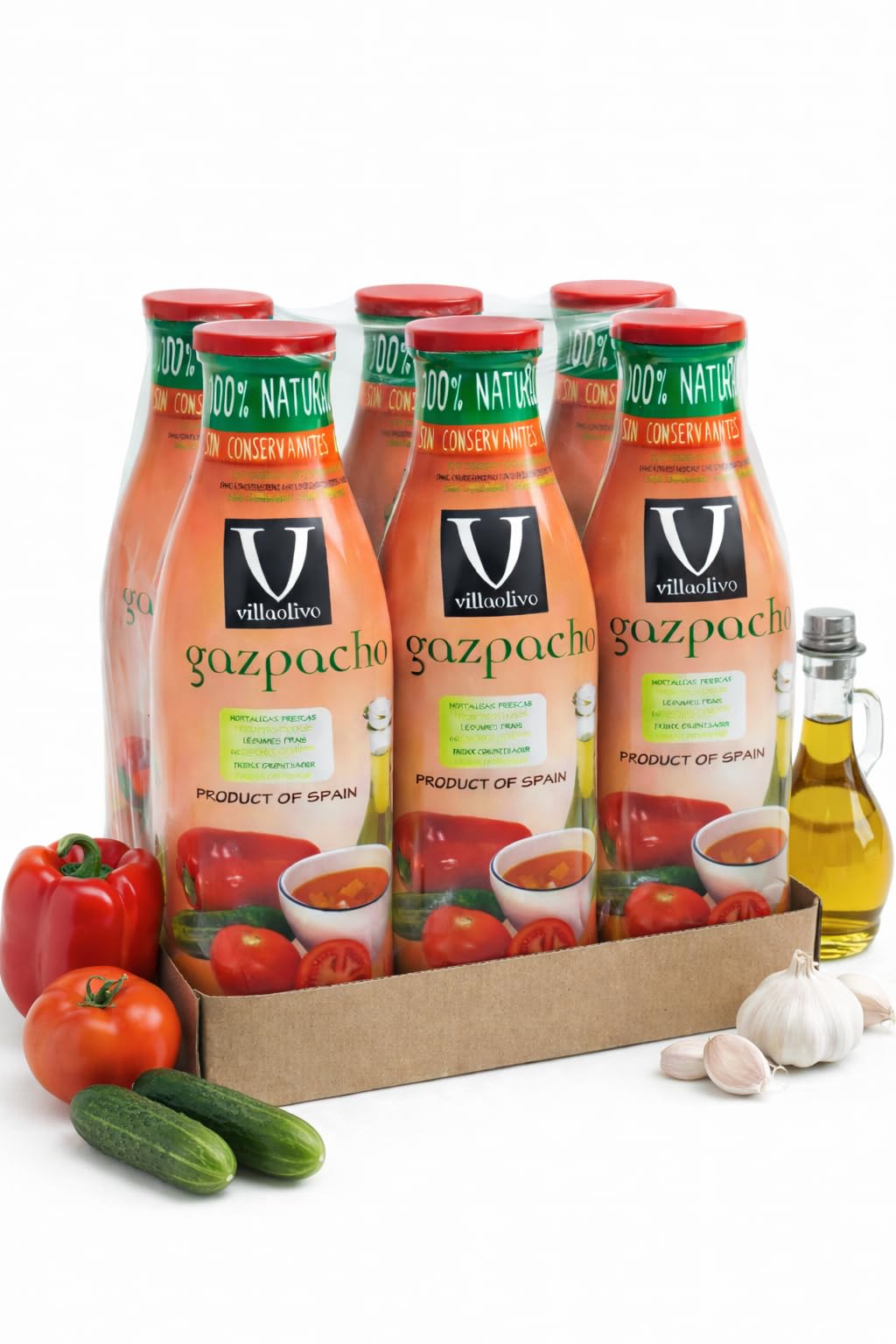 Villaolivo Gazpacho Tradicional 1L Pack 6 Sopa Fría Española 100% Natural Sin Conservantes