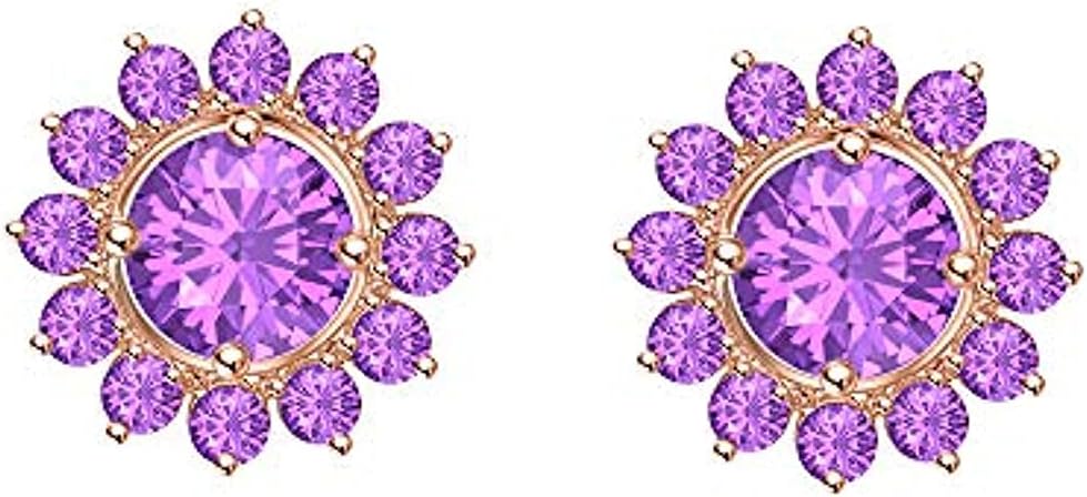 Round Cut Purple Amethyst 925 Sterling Silver 14K Gold Over Diamond Gemburst Halo Jacket Set Stud Earring for Women's