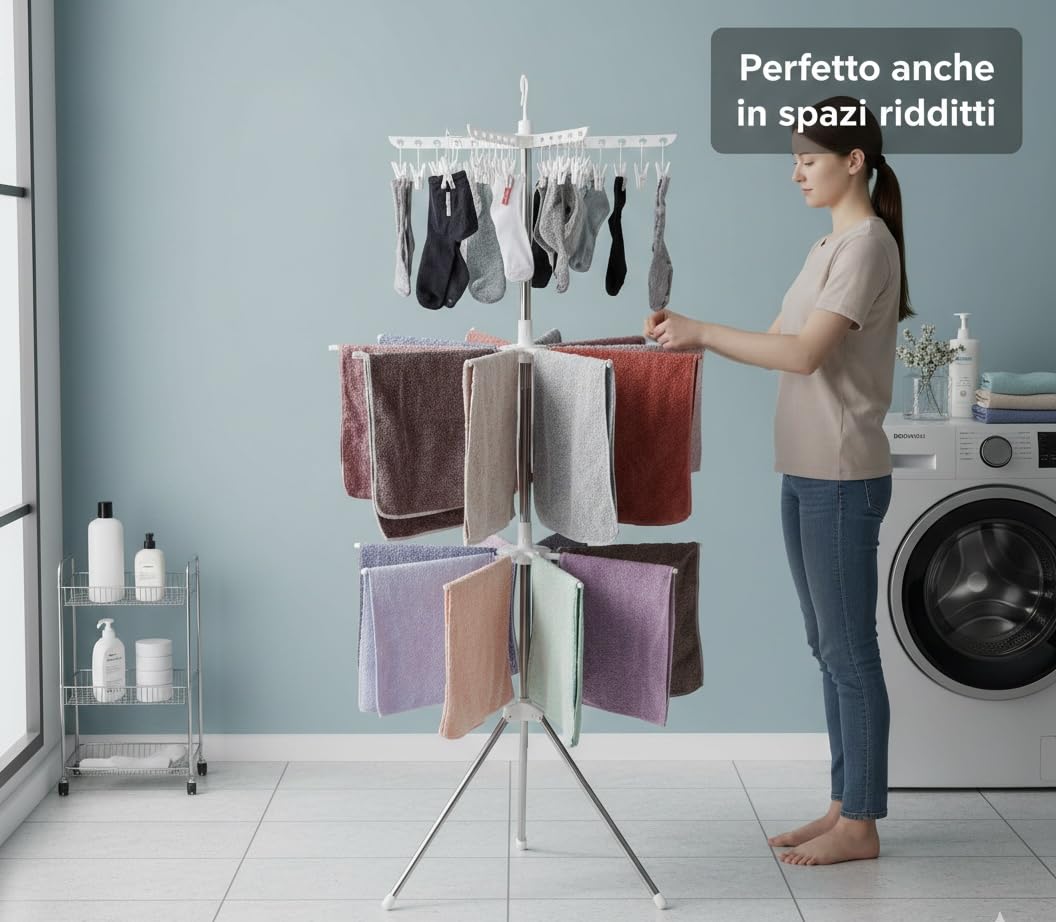 Generico Stendibiancheria Verticale Salvaspazio 170 cm – Stendino a Torre con Bracci Rotanti 360°, Pieghevole, per Interni ed Esterni, Base Stabile a Treppiede
