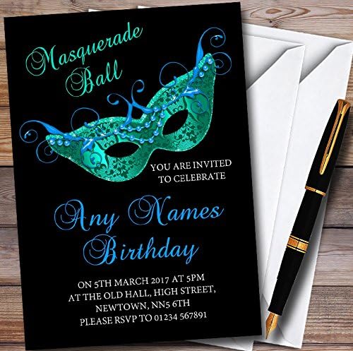 Black Blue Green Masquerade Ball Personalized Party Invitations