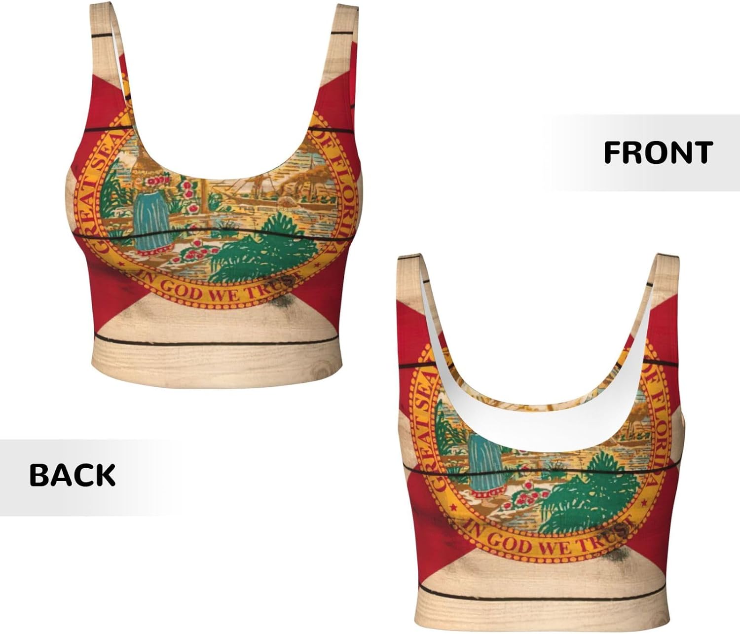 Florida Flag Wood Grain Print Women's Strappy Sports Bra, Stretch Gym Bras U Neck Yoga Tops, Comfort Seamless Bra