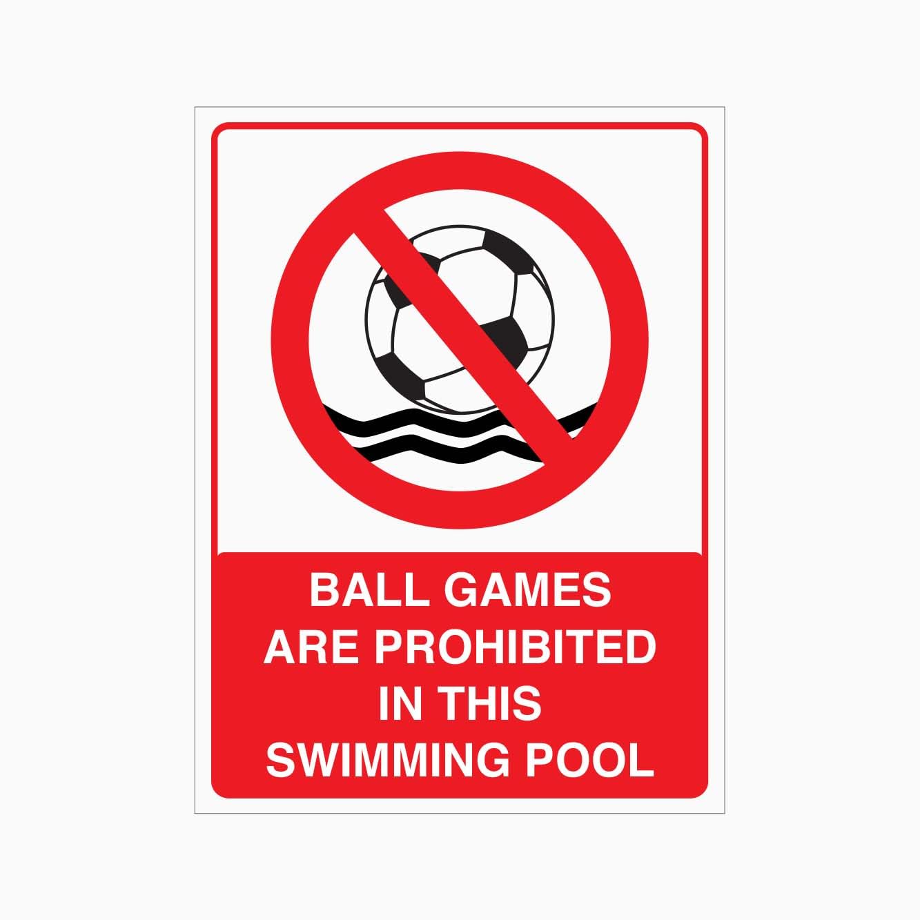 BALL GAMES ARE PROHIBITED IN THIS SWIMMING POOL Sign, 12x8 Inch Metal Tin Sign, Pool Rule Safety Sign for School and Recreation Areas
