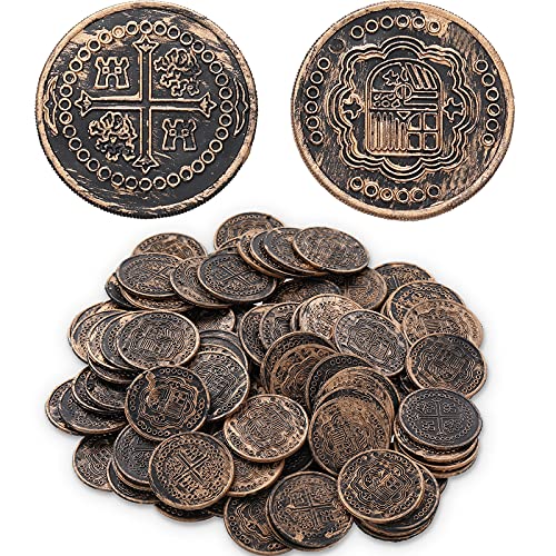 100 Pieces Plastic Pirate Coins Pirate Treasure Hunt Coins Toys Activity Party Coins Decoration for Play Favor Party Supplies Halloween Pirate Adventure Themed Party (Bronze)
