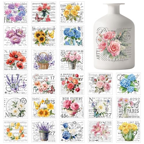 GLOBLELAND 25 hojas de pegatinas para farolillos adhesivos con flores y plantas fondo vintage floral pegatinas 3.9x3.6 pulgadas para tarros de jardín de verano para ventana tazas de vidrio macetas