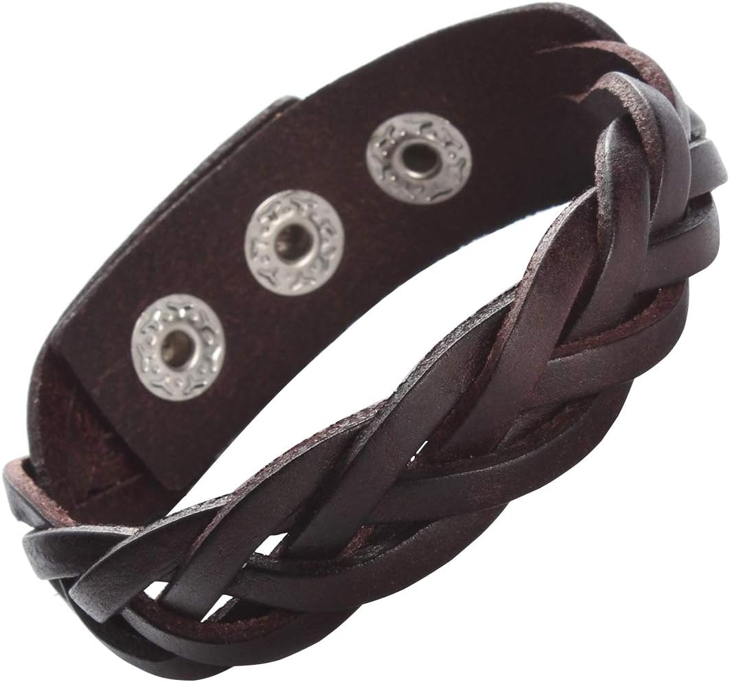 Genuine Leather Bracelet Braided Sporty Wide Wristband Punk Jewelry for Men Women