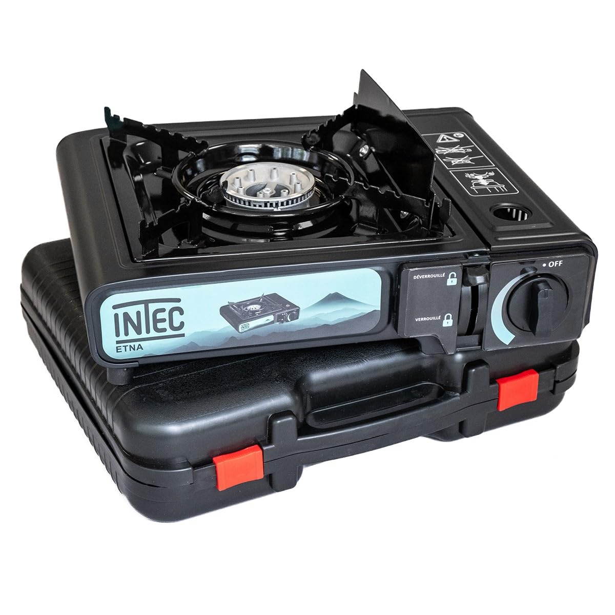 INTEC - Fornello a gas portatile 2200 W + 8 cartucce gas butano Camping Road Trips Piezo Valigetta Etna
