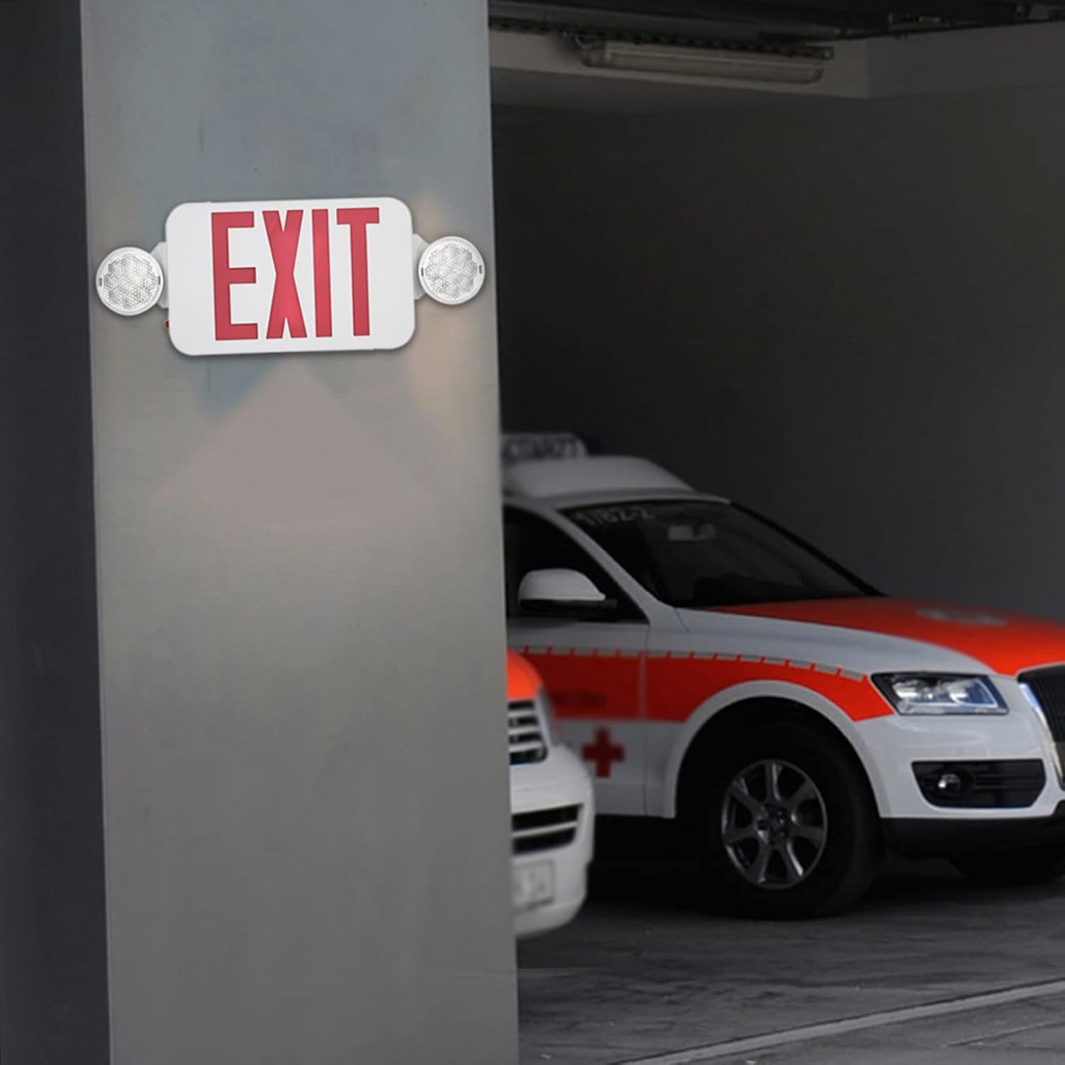 Fafeicy Red Exit Sign LED Combo Emergency Light, Adjustable Two Head Backup Battery with Test Switch and Charge Rate Indicator, for Stairway Hallway Room Wall Ceiling Mount (red& white)