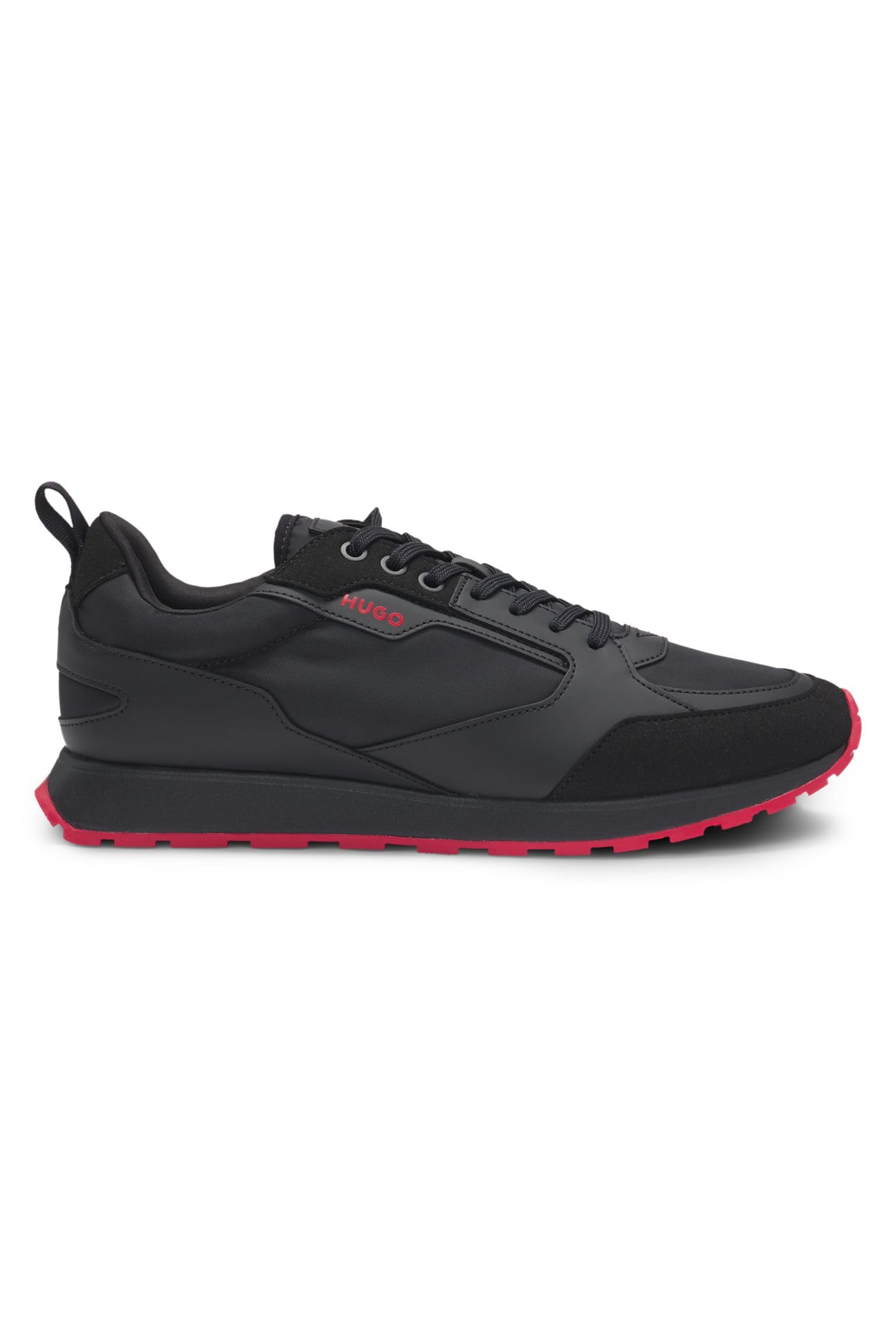 HUGO Icelin Nylon/leather Lace Runner, Black/Red, Size 7, Men