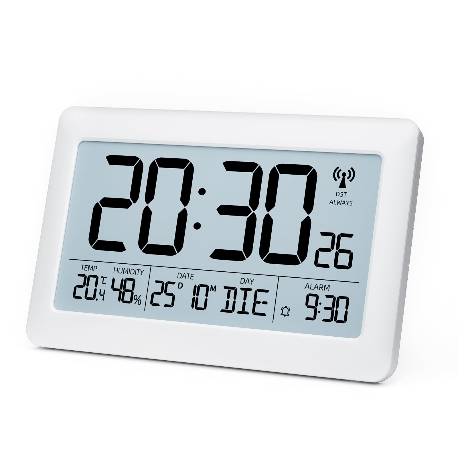 LATEC Wanduhr Digital, Digitale Wanduhr mit Temperaturanzeige und Feuchtigkeitsanzeige, Funkuhr Digital mit Hintergrundbeleuchtung, Datum, Wochentag, Groß, 20 x 13 x 1,2 cm (mit Batterien)