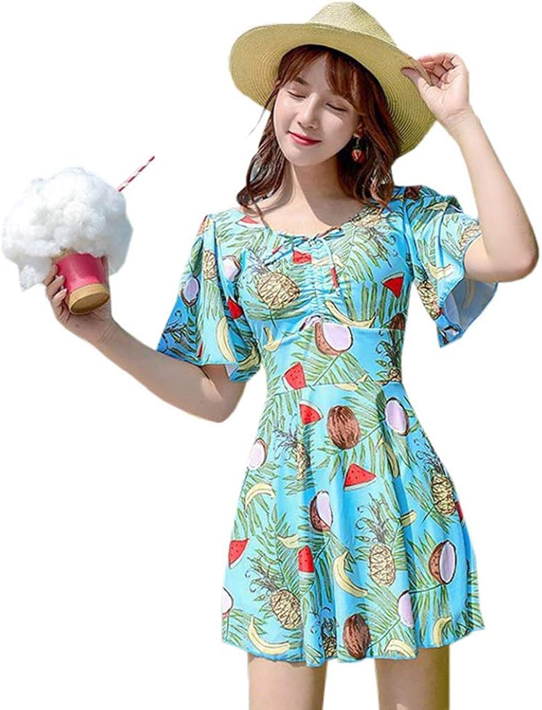 レディース水着 大きいサイズ 半袖 体型カバー ワンピース 着痩せ 胸パット付き かわいい ハイウエスト 伸縮性あり Uvカット ビーチ プール 海 温泉 プリント柄 ホワイト ブルー M 2xl