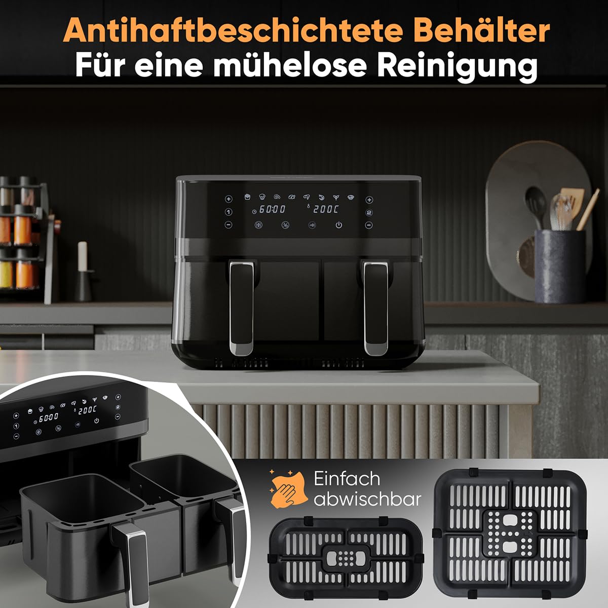 Proficook, Frytkownica na gorące powietrze 9 l PC-FR1295H Czarna - podwójna komora 2700 W, 2 tace (5,5 l + 3,5 l), 8 programów automatycznych, sterowanie dotykowe, powłoka nieprzywierająca