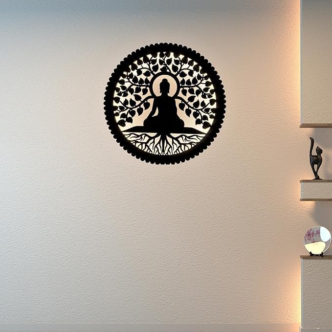 LASER ART Wall Decore Backlit – Spiritual Wall Sconce for Home Décor, Living Room, Meditation, and Temple | Wooden Material 12 Inch (Buddha Tree) 2