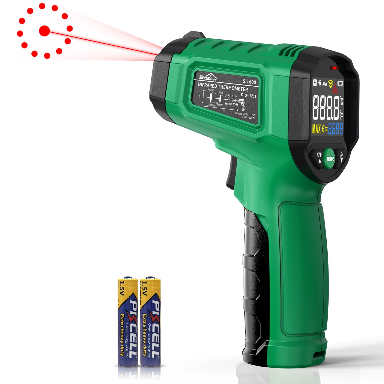 Termómetro Infrarrojo SQECH Láser -50℃~600℃ Emisividad Ajustable Retroiluminación Color Verde