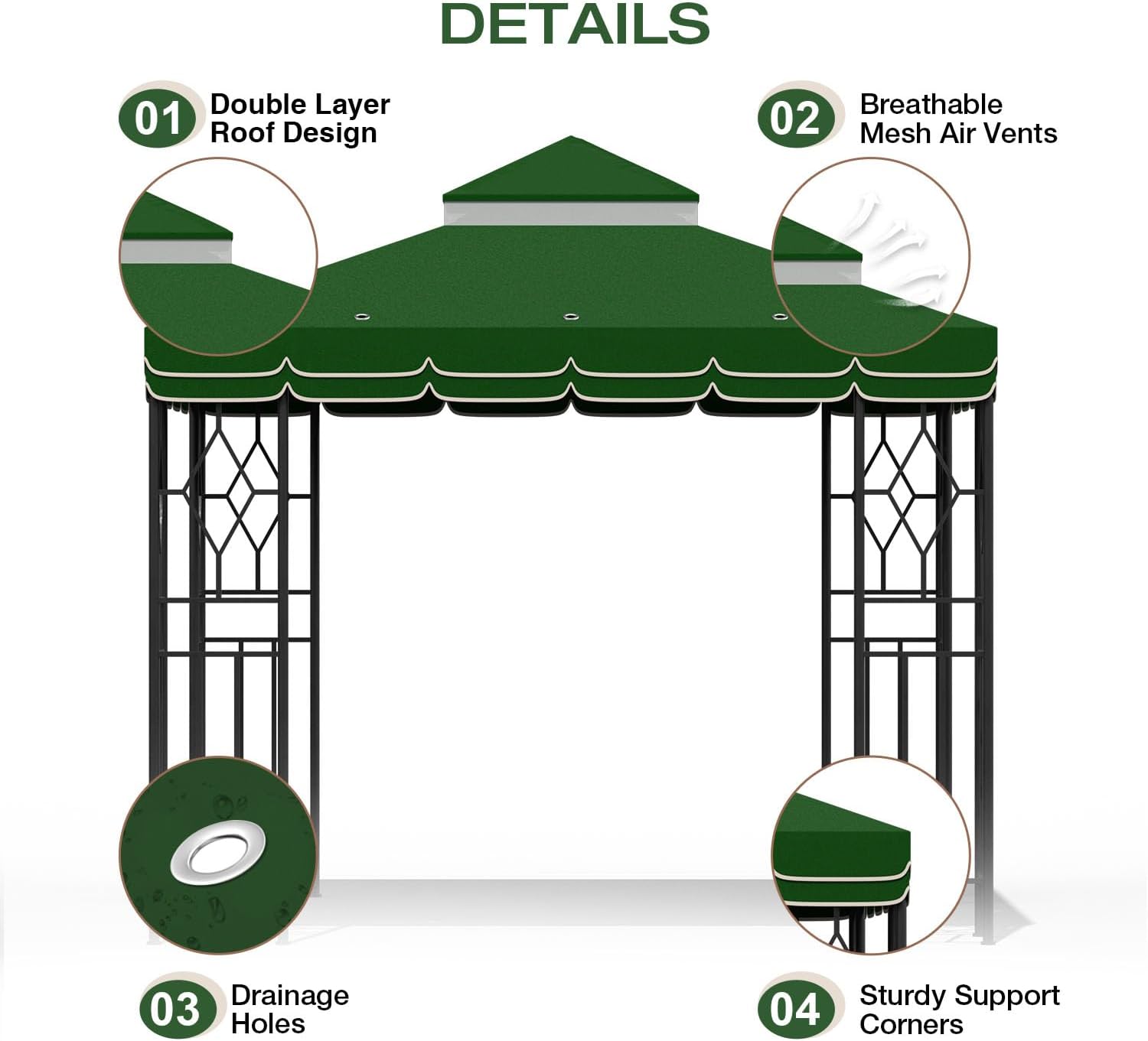 10x10 Canopy Replacement Top Double Tiered Gazebo Cover for Yard, Patio & Garden Durable Sunshade Replacement (Green with lace)