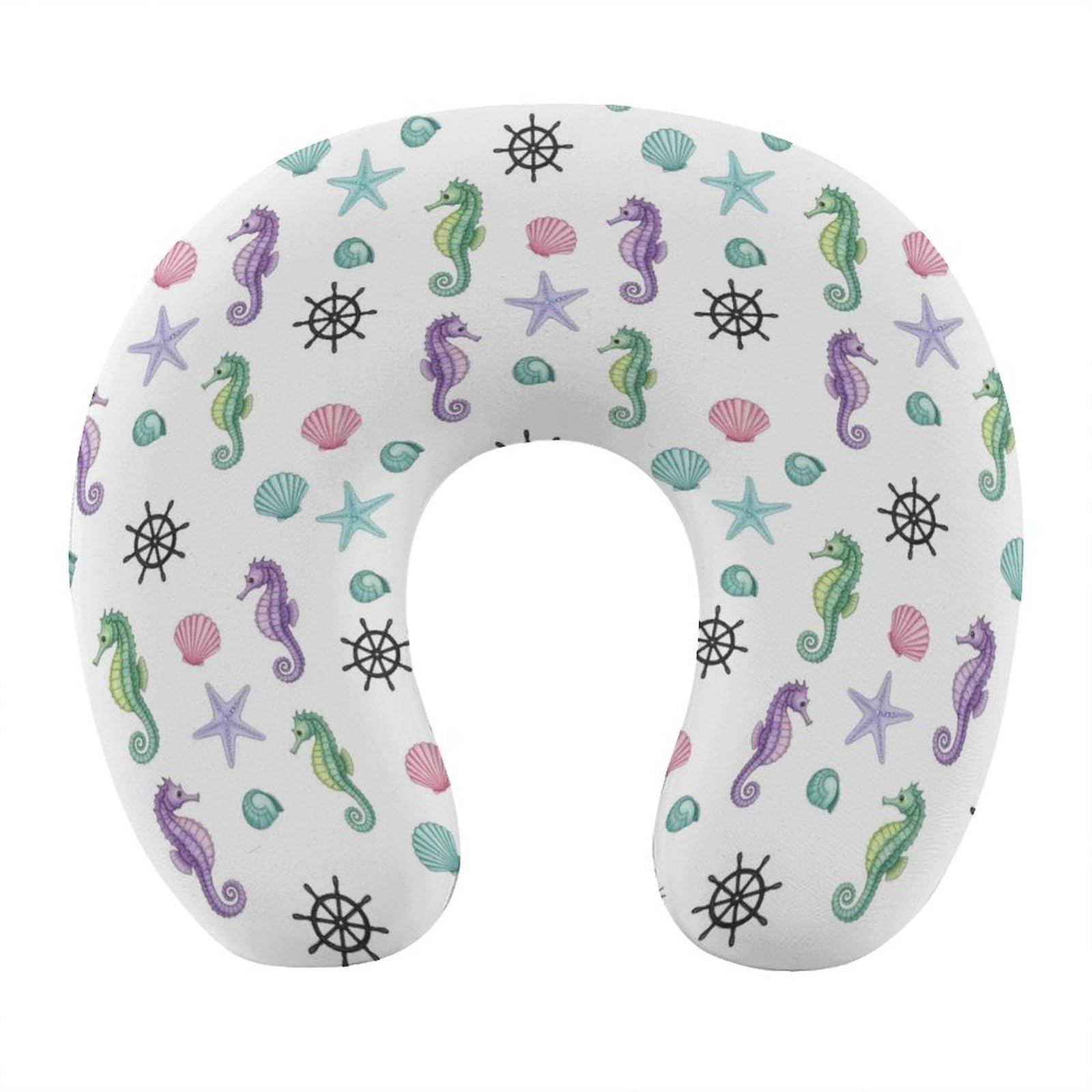 Comfortable Memory Foam Travel Neck Pillow Sea Horse Seashell Anchor, Washable Removable Cover, Chin Head Support for Airplane Car Office Pain Relief Sleeping